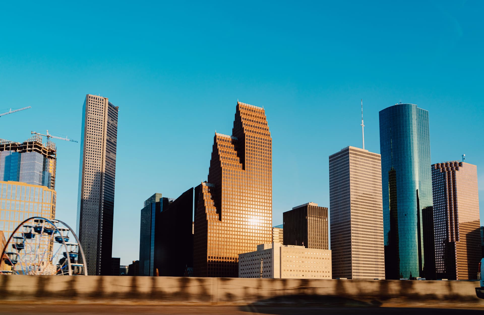 Houston downtown skyline at golden hour with modern skyscrapers
