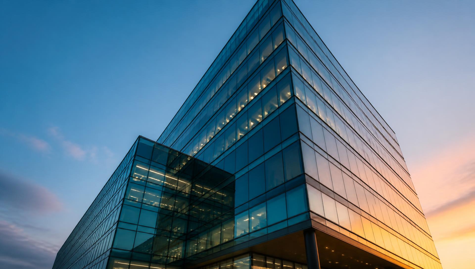 Modern commercial office tower at dusk