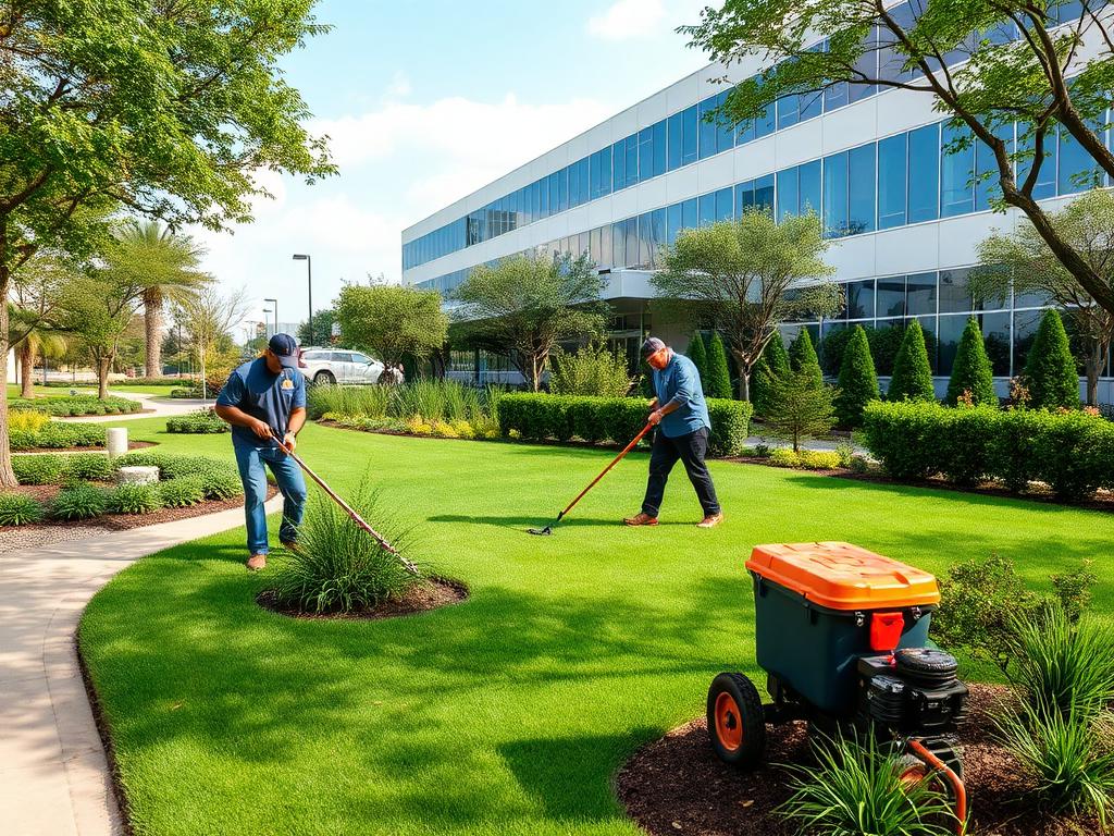 Landscaping crew maintaining grounds at a Texas office park